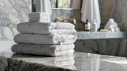 Wall Mural - Towels displayed on marble table in bathroom setting for product showcase.