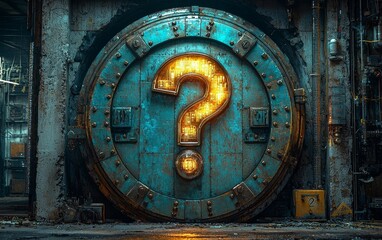 Poster - futuristic financial advisor standing next to illuminated question mark vault pondering investment r