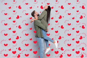 Poster - Photo of married carefree guy lady cuddle trust support isolated over grey color background
