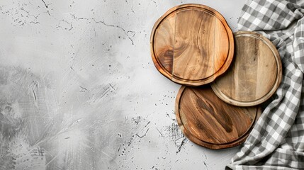 Sticker - Wood cutting boards or homemade food plate coasters on a bright concrete surface with a kitchen towel and empty space.