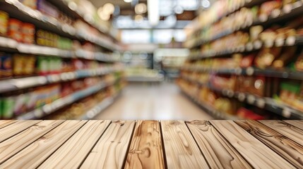 Wall Mural - Wooden board on blurred supermarket background for product display.