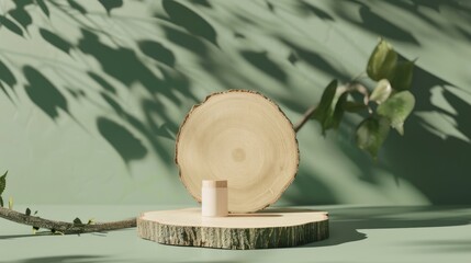 Wall Mural - Wooden saw-cut circular shape on green backdrop with geometric podium for eco cosmetics display