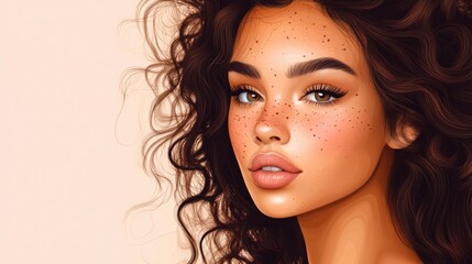 Poster - Portrait of a beautiful woman with freckles and curly hair, showcasing clear skin and an expressive gaze against a soft background.