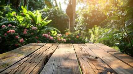 Wall Mural - Wooden table top in garden setting for product display or design visual with empty space.