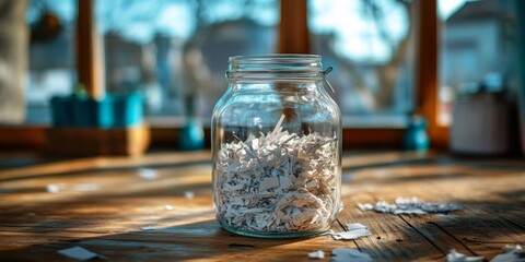 Poster - A clear glass jar filled with shredded paper sits on a wooden table. Sunlight streams through the windows, creating a warm atmosphere. This image captures the beauty of simplicity and organization. AI