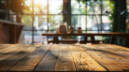 Wall Mural - Wooden table with blurred window backdrop for product display in restaurant setting.