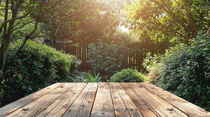 Wall Mural - Wooden table with empty space in garden for product display and montage.