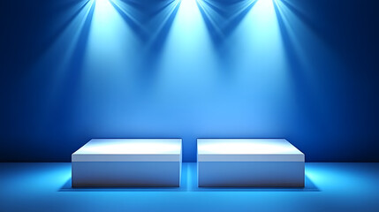 Wall Mural - Square podiums are white. Abstract background. A stage for the demonstration of cosmetics. Podium for the award, consisting of three 3 square figures of different sizes on a blue background. Showcase