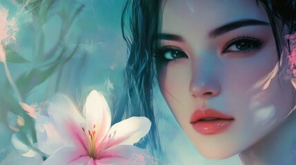 Poster - Ethereal portrait of a woman with a serene expression surrounded by delicate flowers and soft pastel colors.