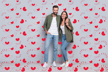 Poster - Full body photo of lady guy soulmates cuddle enjoy travel trip wear shirt jeans isolated over grey color background