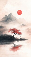 Poster - A serene landscape featuring a red sun, misty mountains, and a solitary tree reflecting in tranquil waters.