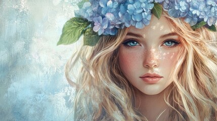 Wall Mural - Portrait of a serene young woman adorned with a hydrangea flower crown and soft natural makeup against a dreamy blue background.