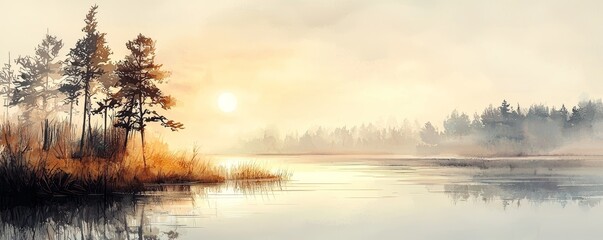 Wall Mural - A serene landscape featuring a calm lake at sunrise, surrounded by trees and mist, creating a tranquil and picturesque atmosphere.