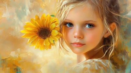 Wall Mural - Portrait of a young girl holding a vibrant yellow gerbera flower with a soft, dreamy background showcasing her innocence and charm