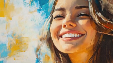Poster - Portrait of a joyful woman smiling against a bright abstract background showcasing happiness and positivity in art.