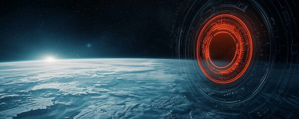 Wall Mural - A stunning view of Earth from space, featuring a captivating glowing portal with intricate designs against a starry backdrop.