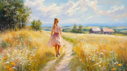 Wall Mural - Young girl walking in a blossoming field towards distant cottages on a sunny day with vibrant blue skies and blooming flowers.