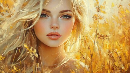 Wall Mural - Young blonde woman with radiant skin amidst golden autumn foliage highlighting beauty and nature's warmth in a close-up portrait.