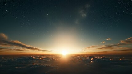 Wall Mural - a breathtaking view of a sunrise above the clouds, casting a golden glow against a starry sky, symbo