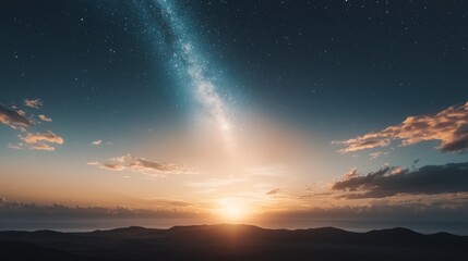 Wall Mural - a breathtaking view of a sunset over mountains, with a vibrant night sky filled with stars and the m