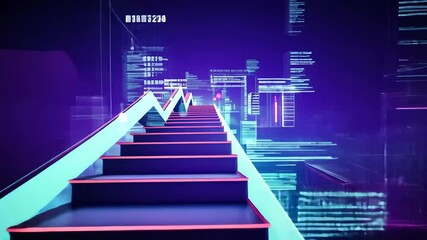 Poster - A vibrant stairway glows with colorful lights and digital motifs, creating a futuristic atmosphere that suggests movement and progress in an urban space.