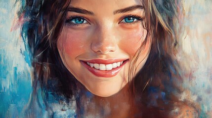 Poster - Captivating portrait of a joyful girl with a radiant smile and striking blue eyes amidst a colorful artistic background