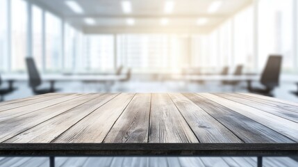 Aufkleber - Rustic wooden tabletop in focus with a bright, blurred office background featuring natural light and modern furniture. Ideal for product displays, workplace visuals, or marketing