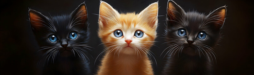 Wall Mural - Three kittens with bright eyes and white whiskers on a dark, elegant background  -