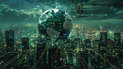 Poster - Digital globe over cityscape with technological interface