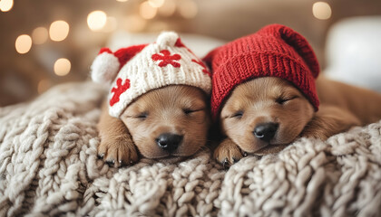 Wall Mural - Two puppies in festive hats cuddled together on a cozy blanket, radiating warmth and cuteness  -