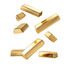 Poster - Multiple shiny gold bars falling against a dark background illustrating wealth and financial success.