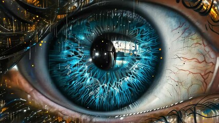 Poster - A mesmerizing close-up showcases a blue eye featuring intricate details, vibrant reflections, and splashes of color that enhance its artistic flair.