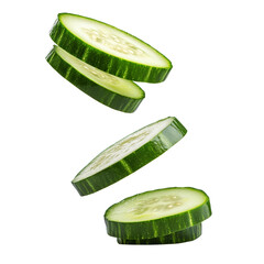 Poster - Four slices of a fresh green cucumber are falling against a black background.
