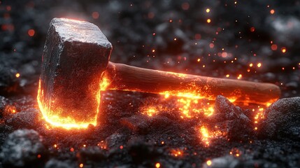 Canvas Print - Fiery Hammer Forging Embers, Coal Background