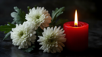 Wall Mural - White chrysanthemum flowers with green leaves lying next to a burning red candle on a dark background  -