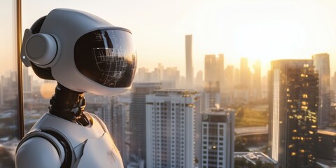 Poster - Futuristic robot overlooking city skyline at sunset, showcasing advanced technology and urban landscape
