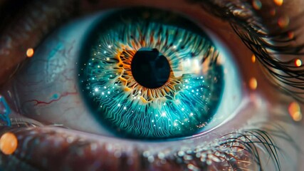 Poster - the striking blue eye showcases intricate details, with a galaxy of stars and cosmic patterns reflec