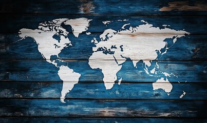 Poster - World Map Silhouette on Rustic Blue Wooden Background, Artistic Representation of Continents and Oceans
