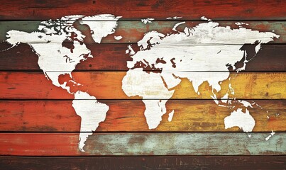 Poster - World Map on Rustic Wooden Background with Vibrant Colors and Textures
