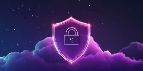 Poster - Cybersecurity Shield with Lock Symbol Over Cloud Background, Digital Protection Concept, Secure Data Storage, Cloud Computing Security
