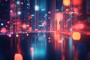 Fototapete - Vibrant abstract digital landscape with glowing lights and reflections at night