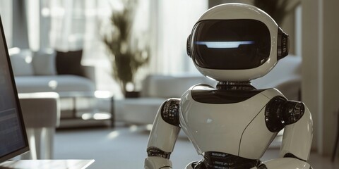 Poster - Futuristic humanoid robot in modern living room setting, showcasing advanced technology and design, with soft natural lighting and contemporary furniture