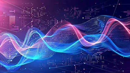 Fototapete - Colorful wave patterns flow gracefully, illuminated by soft lights, representing the dynamic essence of digital connectivity in a futuristic urban setting.