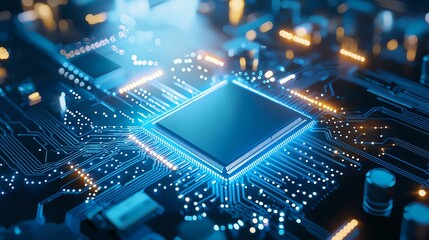 Poster - A close-up view of a modern microprocessor on a circuit board, showcasing intricate details and glowing LED lights. This image highlights the complexity of contemporary technology.