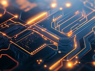 Poster - A close-up view of a modern circuit board showcasing intricate designs, glowing lines, and a dynamic composition of electronic pathways, ideal for technology-related themes.