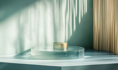 Poster - Minimalist display featuring circular glass pedestal with golden container, soft shadows, and textured wall, creating serene ambiance