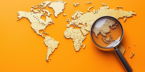 Poster - World Map with Magnifying Glass Highlighting Asia on Vibrant Orange Background