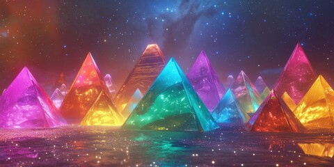 Poster - Colorful glowing pyramids in a cosmic landscape with stars and nebulae, reflecting vibrant hues of pink, blue, green, and orange