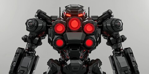 Poster - Futuristic black robot with glowing red lights, showcasing advanced mechanical design and intricate details, emphasizing strength and technology