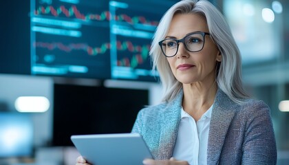Aufkleber - A confident businesswoman analyzes data on her tablet in a modern office environment. Charts and graphs are visible in the background, showcasing her focus on market trends.